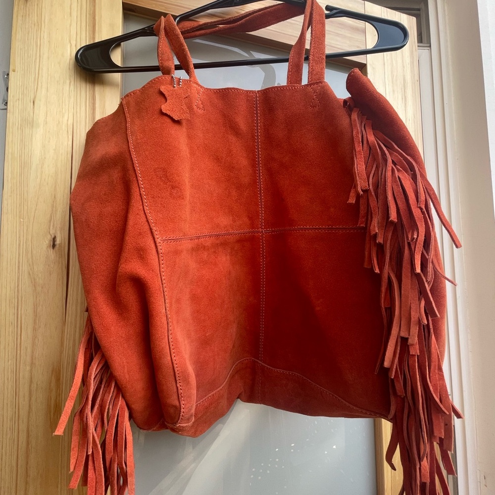 Fringed Suede Tote Bag - Rust